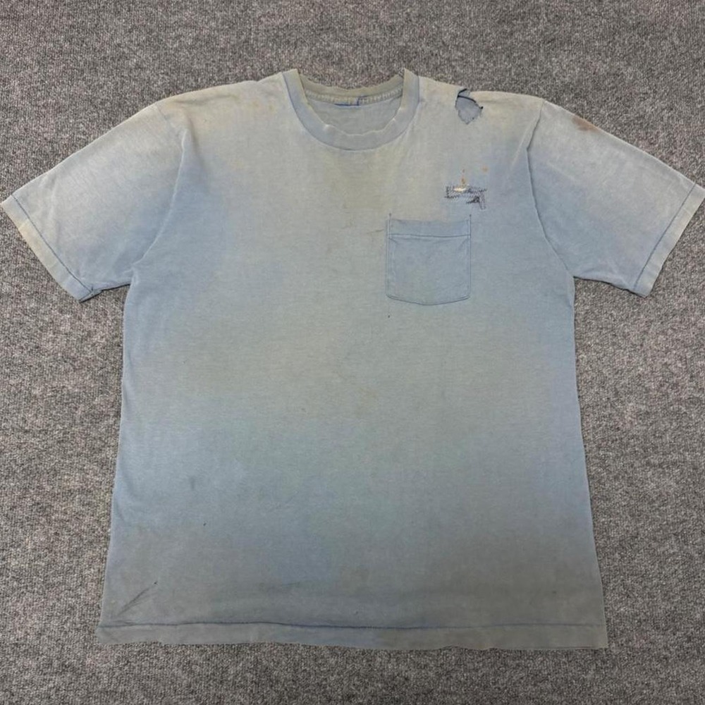 Vintage 90s Faded Blue Thrashed Pocket Tee Mens XL Distressed Short Sleeve Shirt